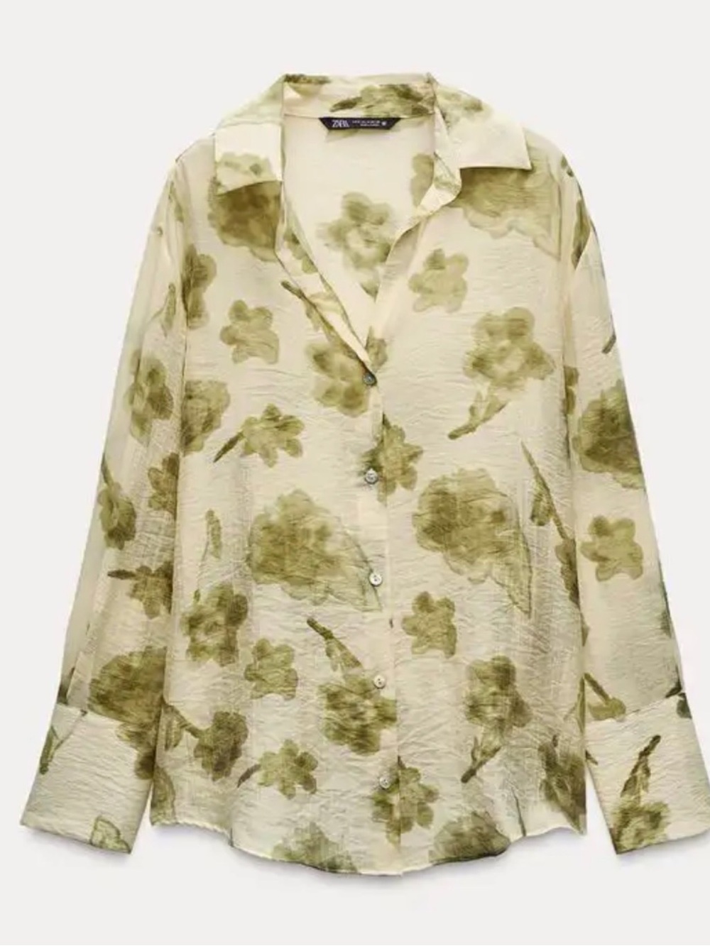 Zara Cream Button-Up Shirt with Olive Floral Wash ,
